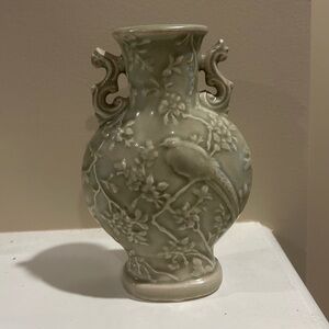 Sage Ceramic Vintage Vase with Bird Design